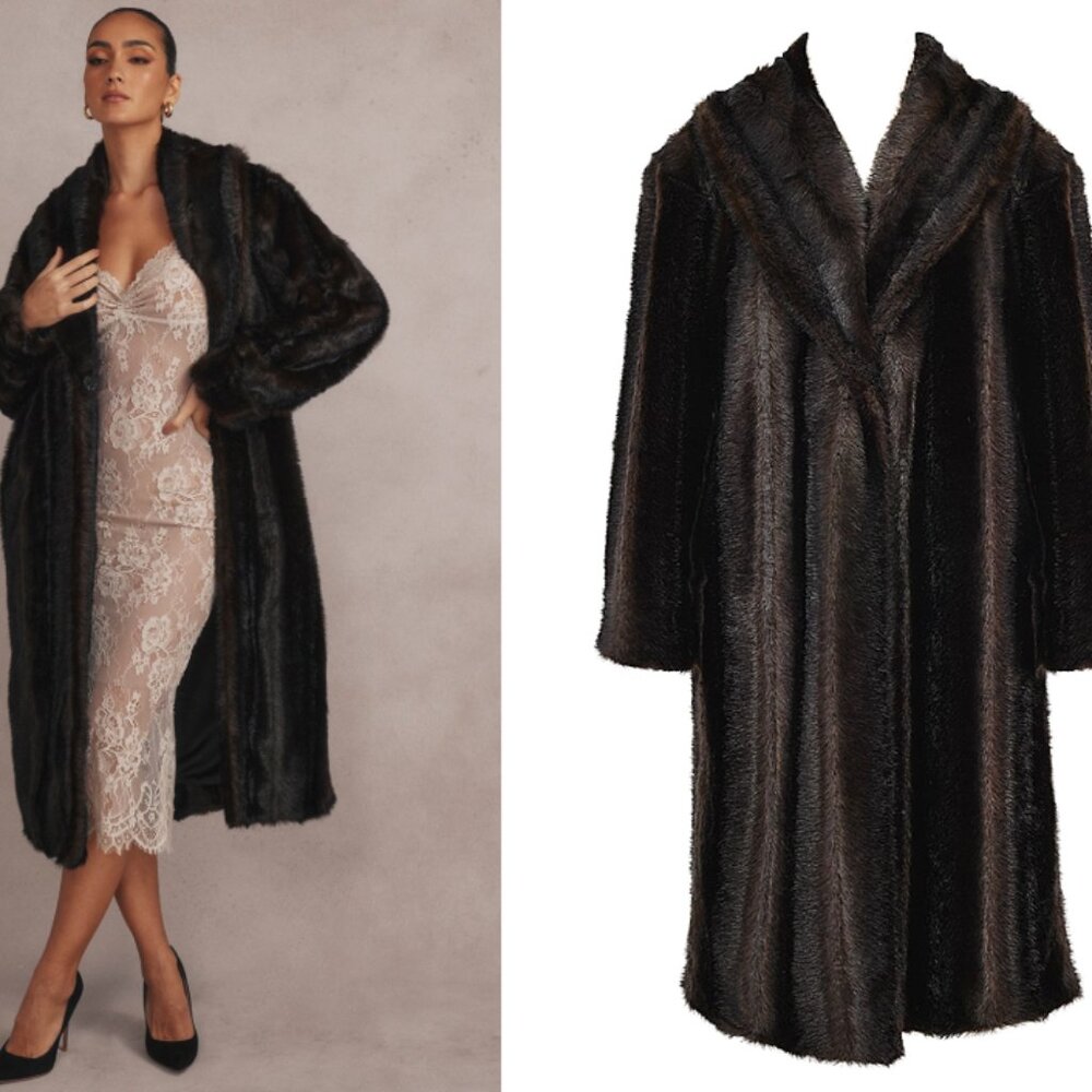 House of CB Callie dark brown faux fur coat NWT